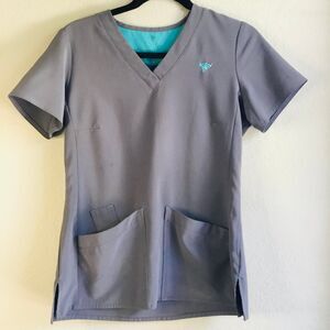 Scrub top size small ‘Med couture’ quick dry stretchy top grey teal boot cut